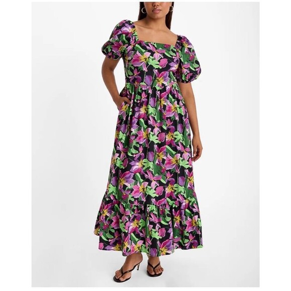 Floral Square Neck Puff Sleeve Tiered Poplin Maxi Dress Medium NWT Wedding Guest - Picture 10 of 12